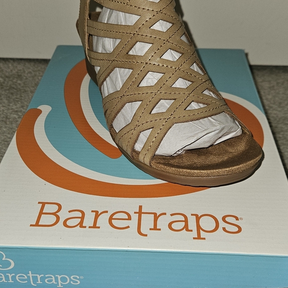 BareTraps Shoes - BareTraps Tan Strappy Wedge Sandals with Crisscross Cage